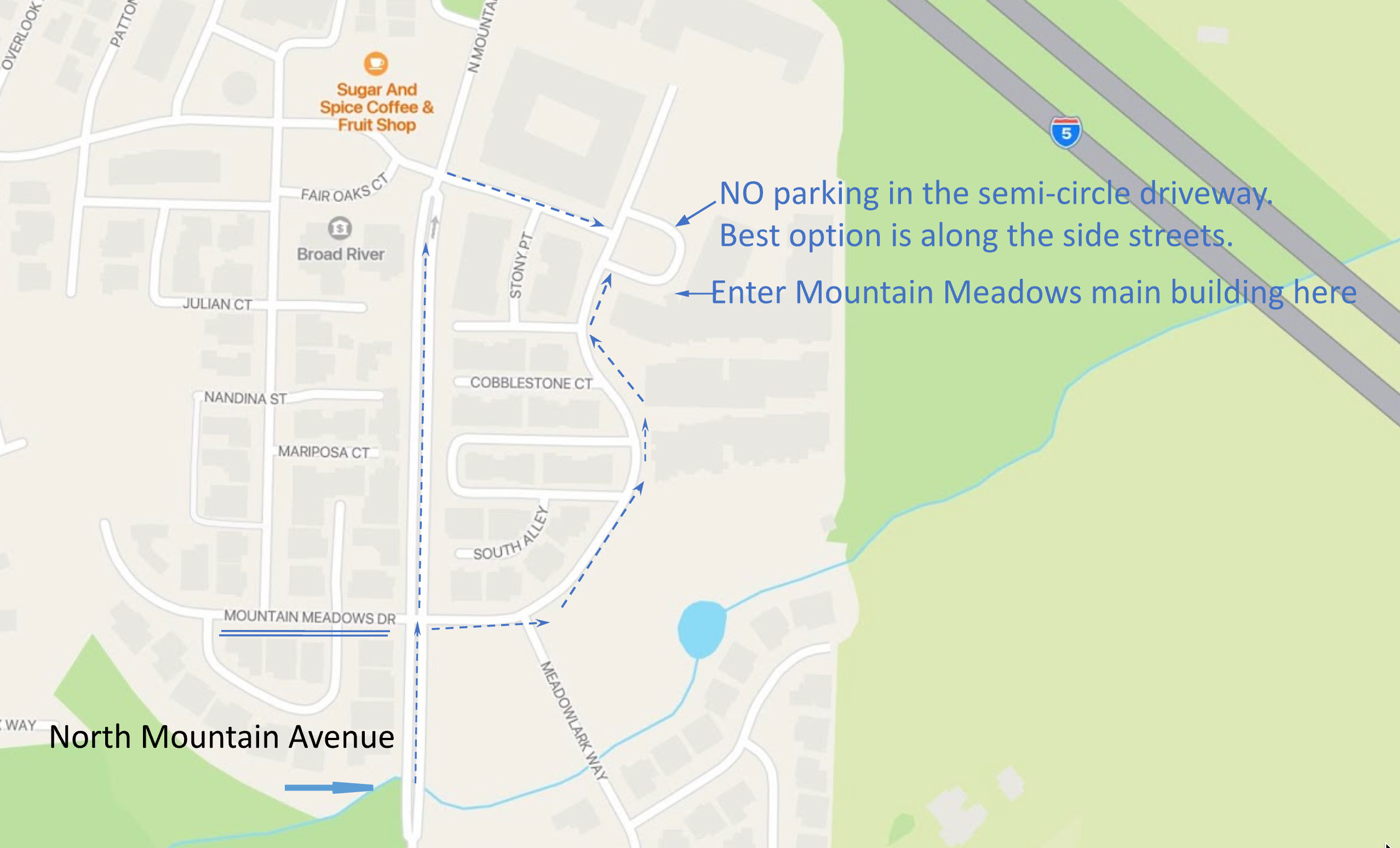 Map of Mountain Meadows showing the main entrance and surrounding parking area for Siskiyou Singers performances.