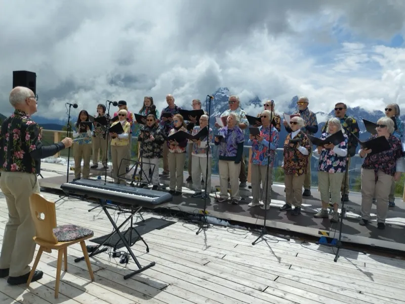 Siskiyou Singers singing on a mountaintop during the Italy tour